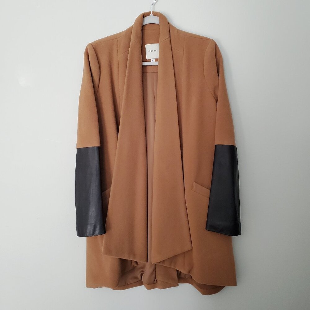 NEW Mason Camel Virgin Wool Open Front Drape Coat w/ Leather Sleeves Size 6